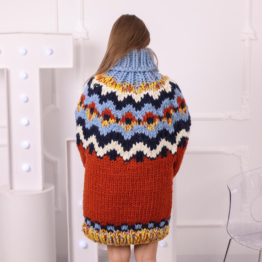 Icelandic Chunky Wool Sweater, Hand Knitted 5-Strand Turtleneck Pullover T2047
