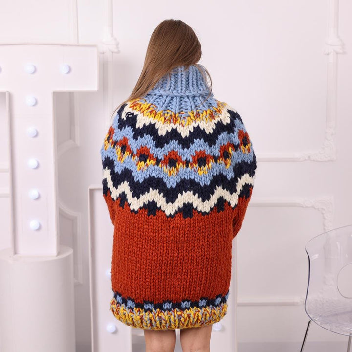 Icelandic Chunky Wool Sweater, Hand Knitted 5-Strand Turtleneck Pullover T2047