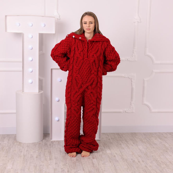 Red Wool Catsuit, Hand Knitted Chunky Cable Knit Jumpsuit with Hooded Turtleneck T2048