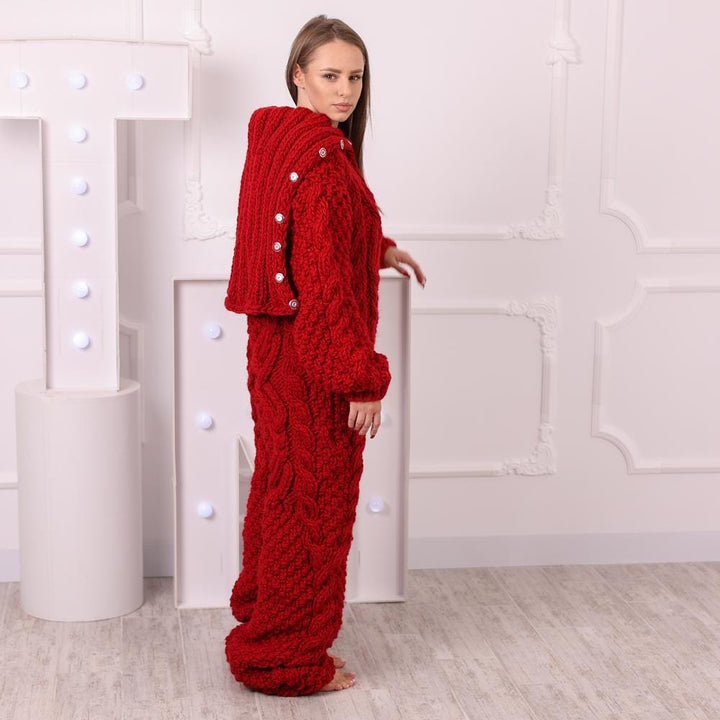 Red Wool Catsuit, Hand Knitted Chunky Cable Knit Jumpsuit with Hooded Turtleneck T2048