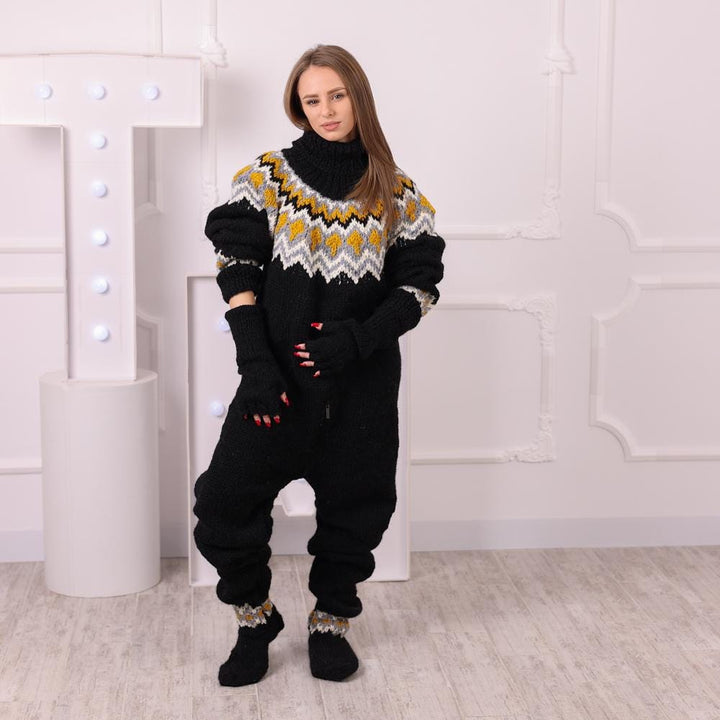 Icelandic Wool Catsuit, Hand Knitted 2 Strand Itchy Wool Jumpsuit with Feet T2049