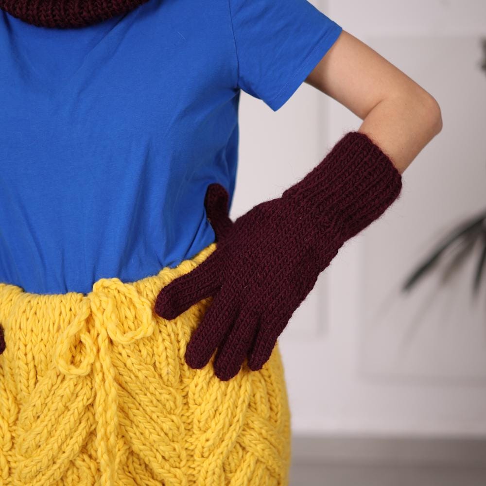 Burgundy Wool Mittens, Hand Knitted 100 Percent Wool Winter Gloves T2052