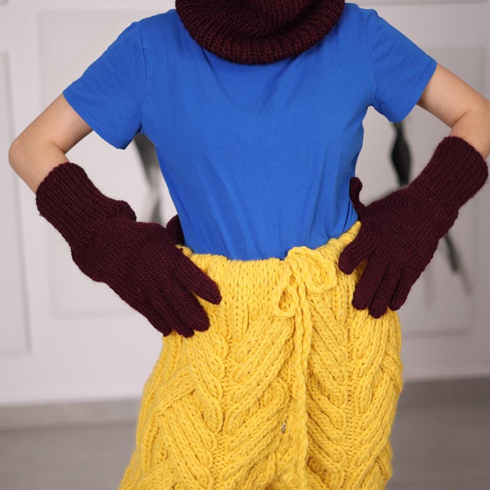 Burgundy Wool Mittens, Hand Knitted 100 Percent Wool Winter Gloves T2052