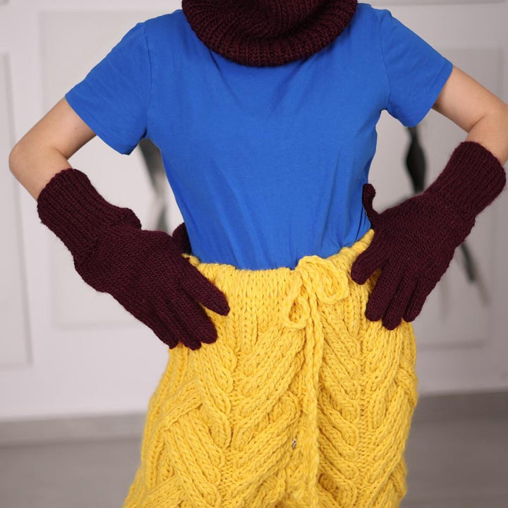 Burgundy Wool Mittens, Hand Knitted 100 Percent Wool Winter Gloves T2052