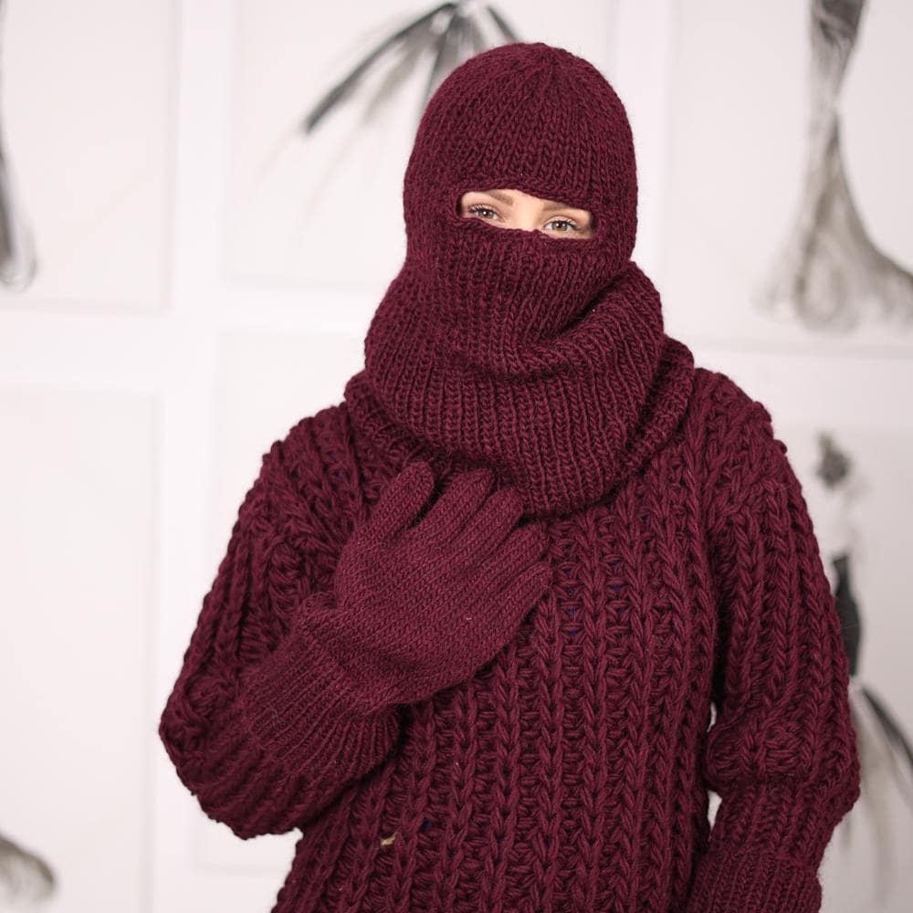 Burgundy Wool Balaclava, Hand Knitted 100 Percent Wool Hood with Open Eyes T2053
