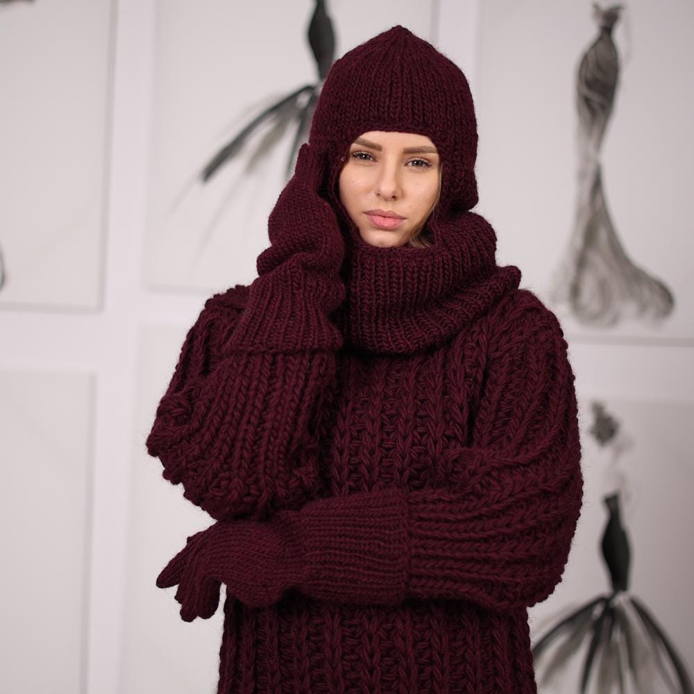 Burgundy Wool Balaclava, Hand Knitted 100 Percent Wool Open Face Hood T2054