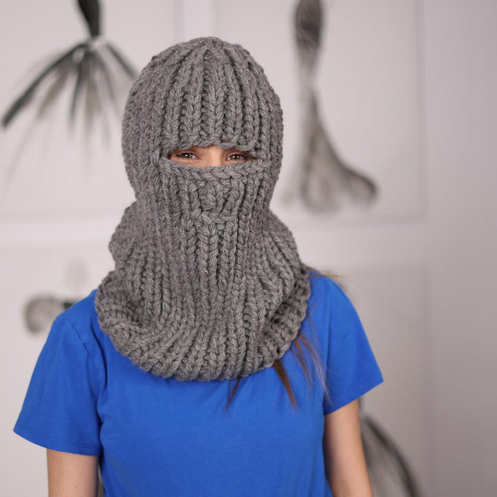 Gray Wool Balaclava, Hand Knitted 5 Strand Itchy Wool Hood with Open Eyes T2055