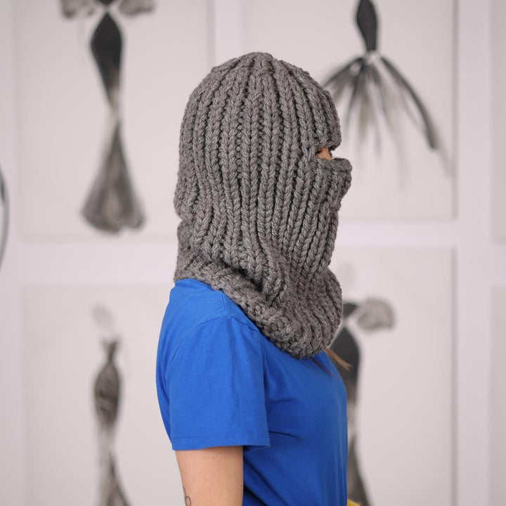 Gray Wool Balaclava, Hand Knitted 5 Strand Itchy Wool Hood with Open Eyes T2055