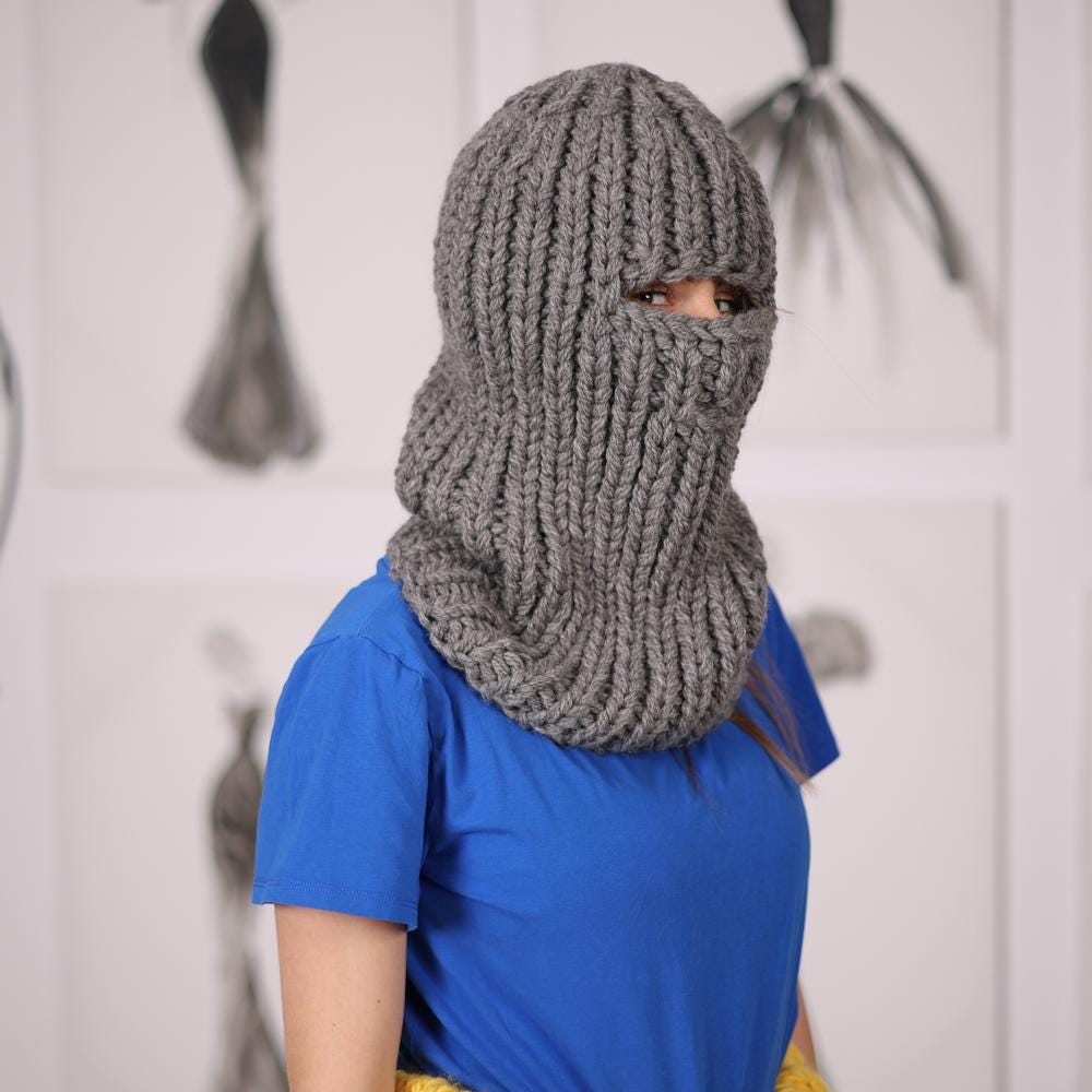 Gray Wool Balaclava, Hand Knitted 5 Strand Itchy Wool Hood with Open Eyes T2055