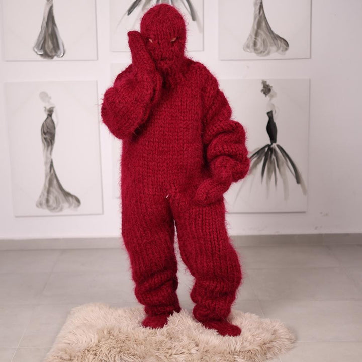 Red 20 Strand Mohair Full Body Catsuit with Gloves, Socks and Balaclava, Overall T2057