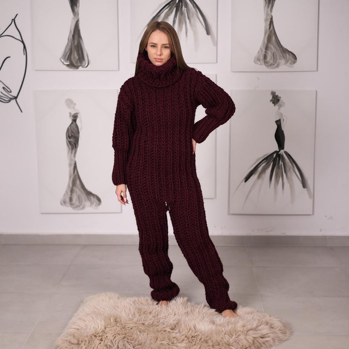 English Rib Wool Catsuit with Zippered Crotch, Chunky Hand-Knit Full Body Overall T2058