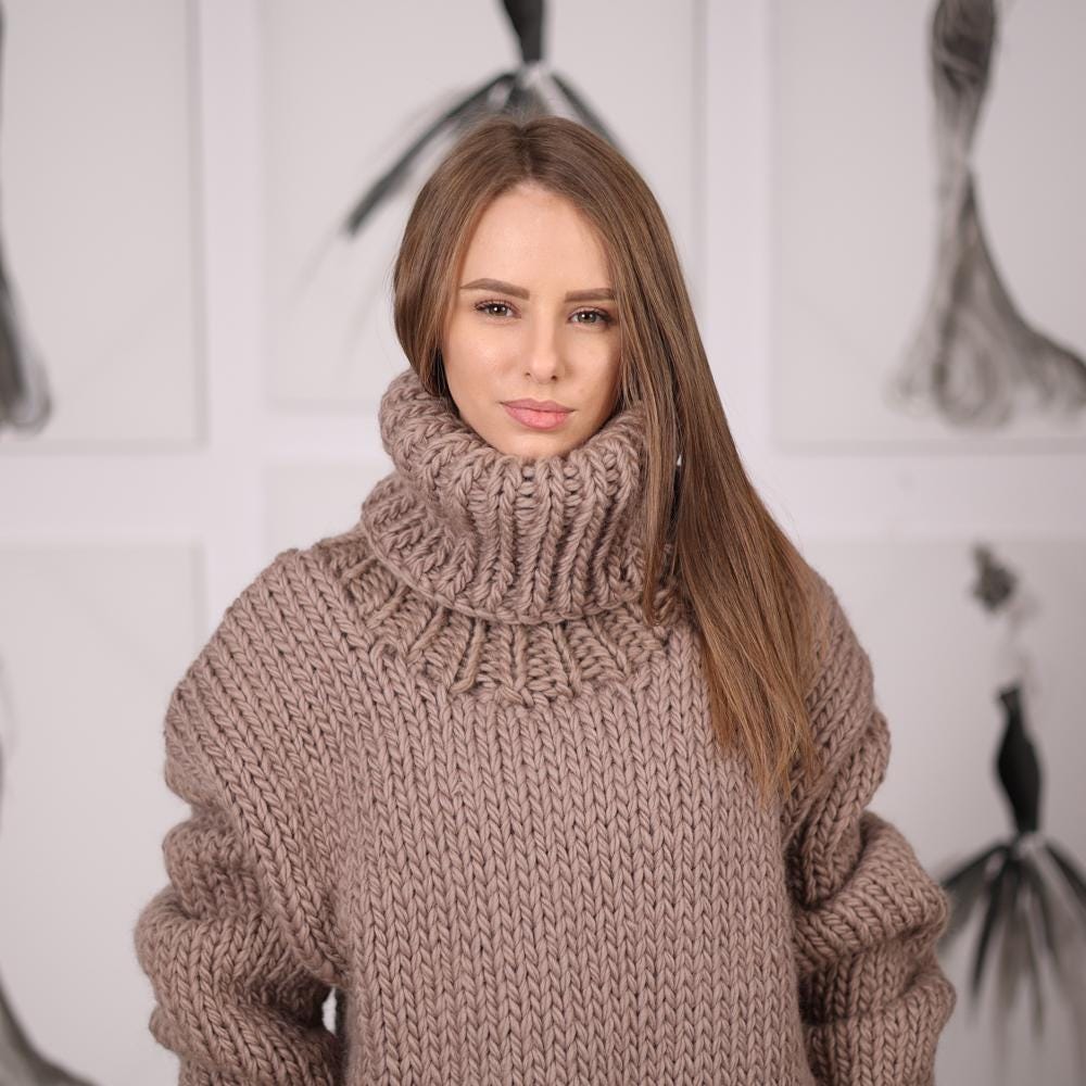 Long Wool Turtleneck Sweater Dress in Beige, Chunky Hand-Knit Maxi Robe T2060
