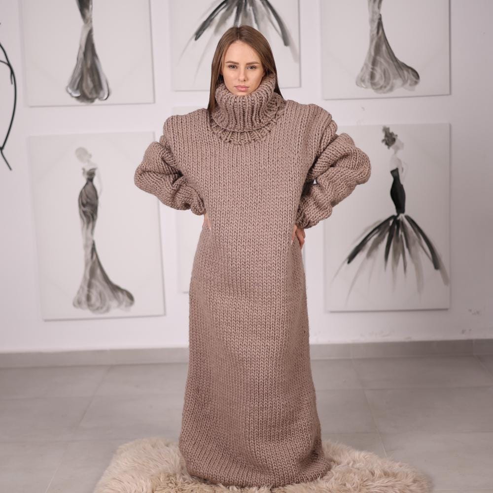 Long Wool Turtleneck Sweater Dress in Beige, Chunky Hand-Knit Maxi Robe T2060