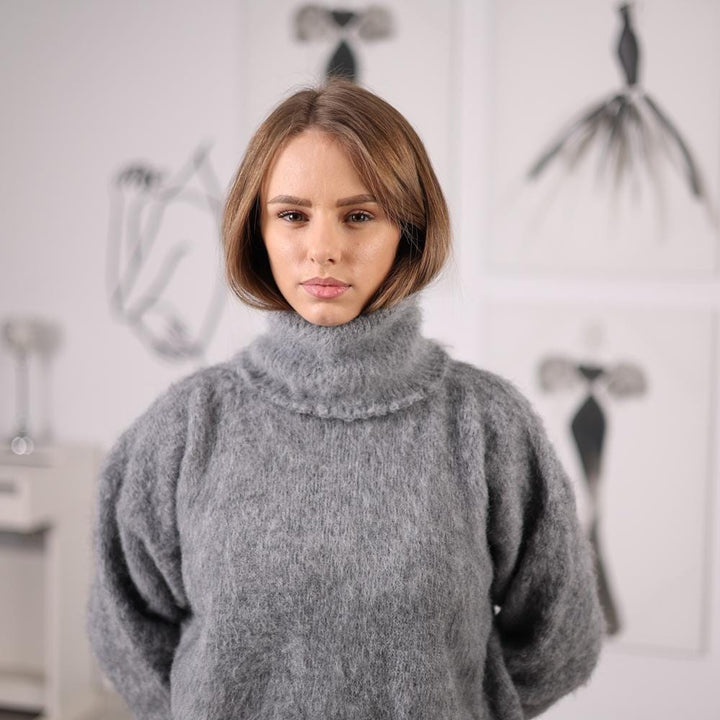 Grey Alpaca Turtleneck Sweater Fluffy Handknitted Long-Sleeve Knit Pullover T2066