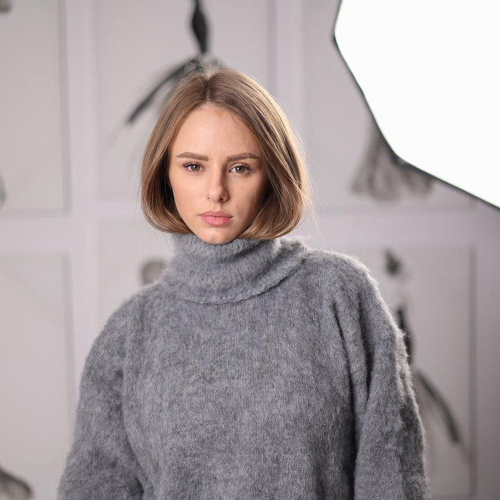 Grey Alpaca Turtleneck Sweater Fluffy Handknitted Long-Sleeve Knit Pullover T2066