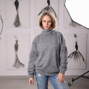 One available in size 3XL, Grey Alpaca Turtleneck Sweater Fluffy Hand knitted , Pullover T2066