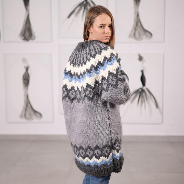 Wool Icelandic Pattern Cardigan Handknitted Long Button Front Knit Sweater T2070