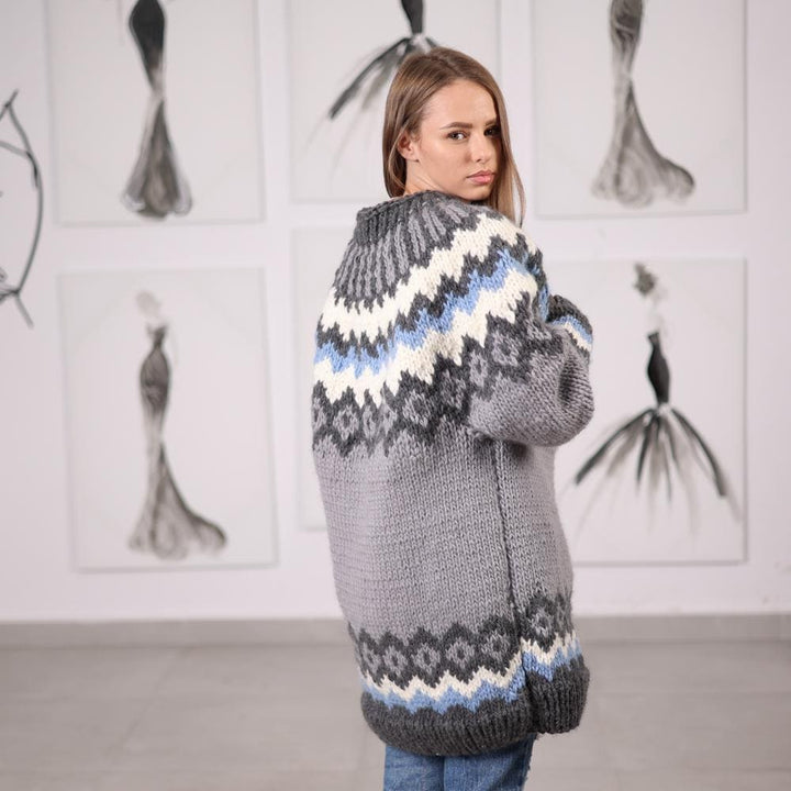 Wool Icelandic Pattern Cardigan Handknitted Long Button Front Knit Sweater T2070