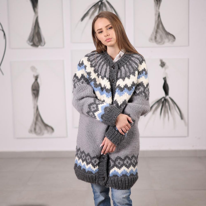 One available in size 5XL, Wool Icelandic Pattern Cardigan Handknitted , Knit Sweater T2070