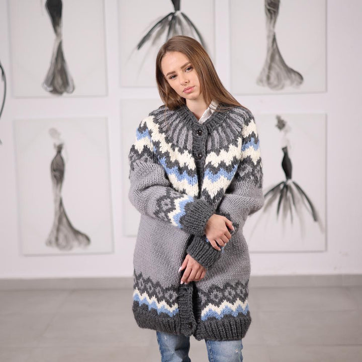 One available in size 5XL, Wool Icelandic Pattern Cardigan Handknitted , Knit Sweater T2070