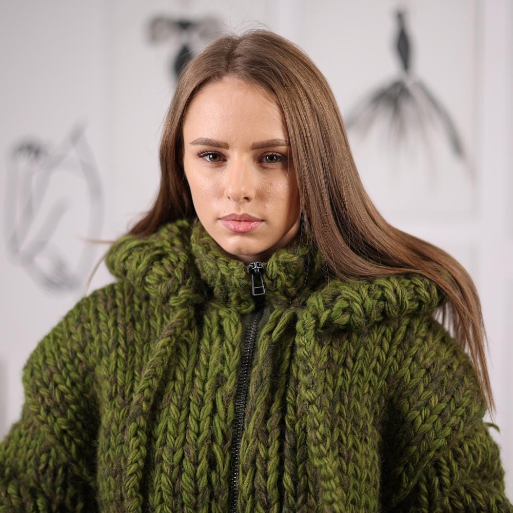 Chunky Hooded Cardigan Wool Alpaca Mix Hand knitted Zip Front Knit T2071
