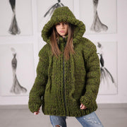 Grober Kapuzen-Cardigan Wolle Alpaka-Mix Handgestrickt Reißverschluss vorne Strick T2071
