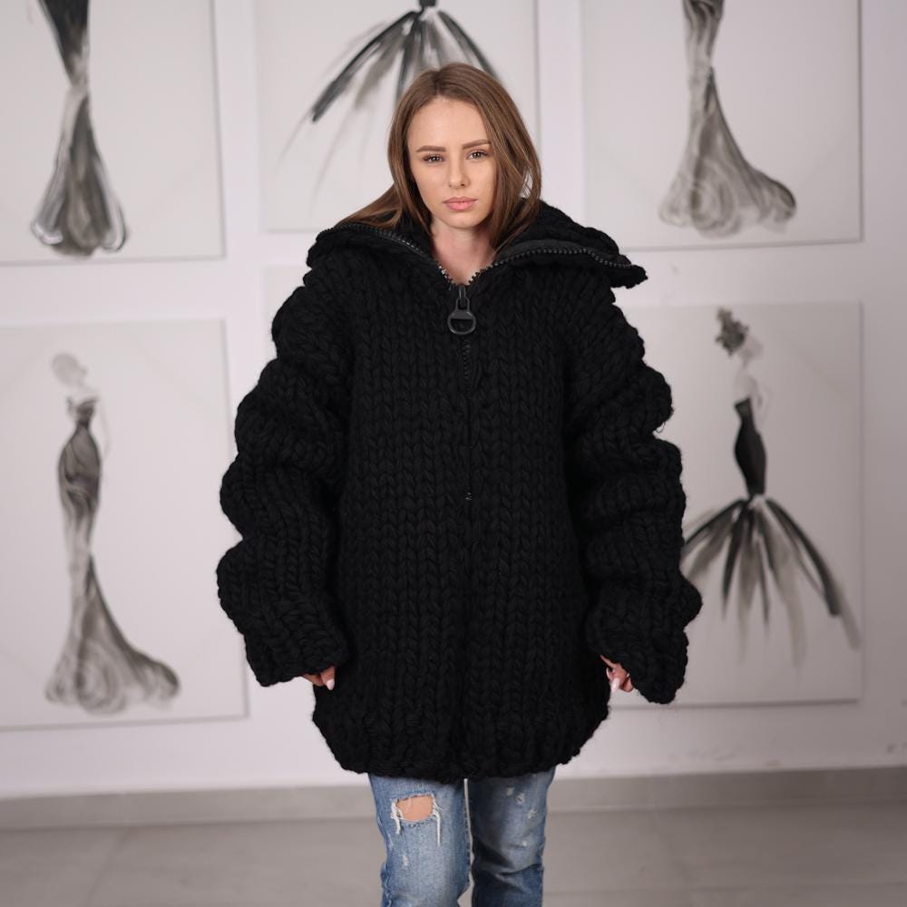 Chunky Yak Wool Cardigan 38-Strand Handknitted Zip Front Knit Jacket T2072