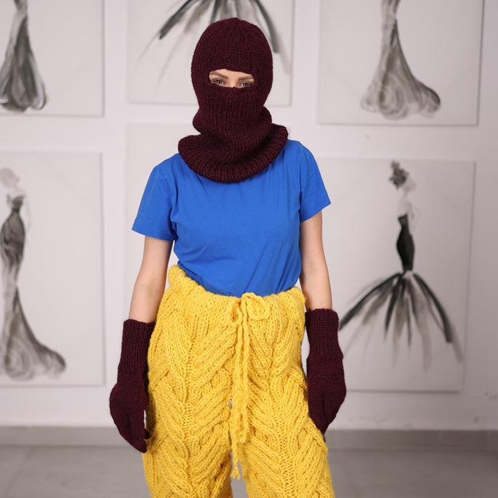 Burgundy Wool Balaclava, Hand Knitted 100 Percent Wool Hood with Open Eyes T2053