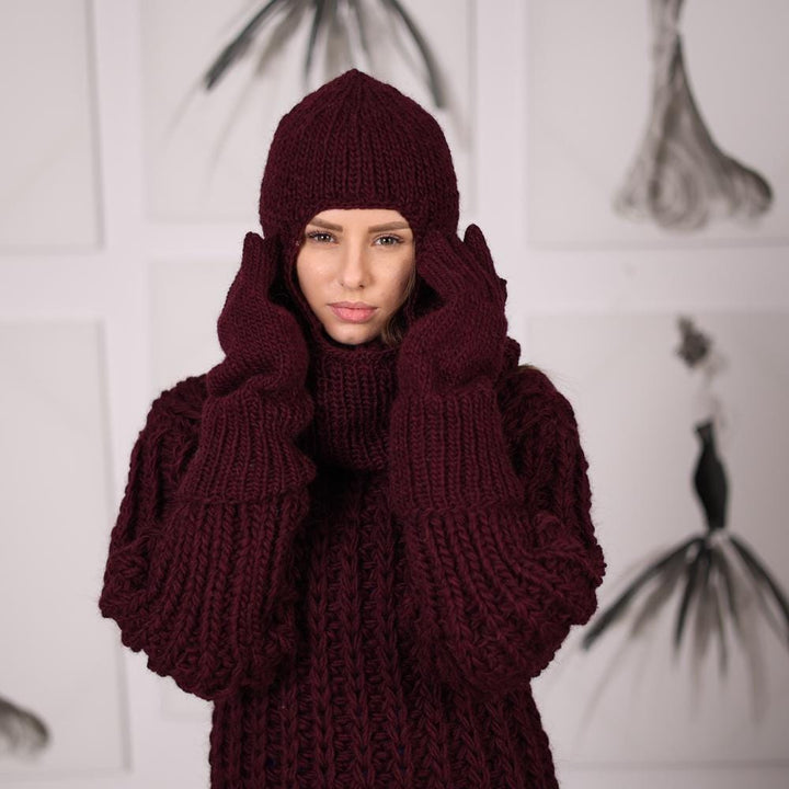 Burgundy Wool Balaclava, Hand Knitted 100 Percent Wool Open Face Hood T2054
