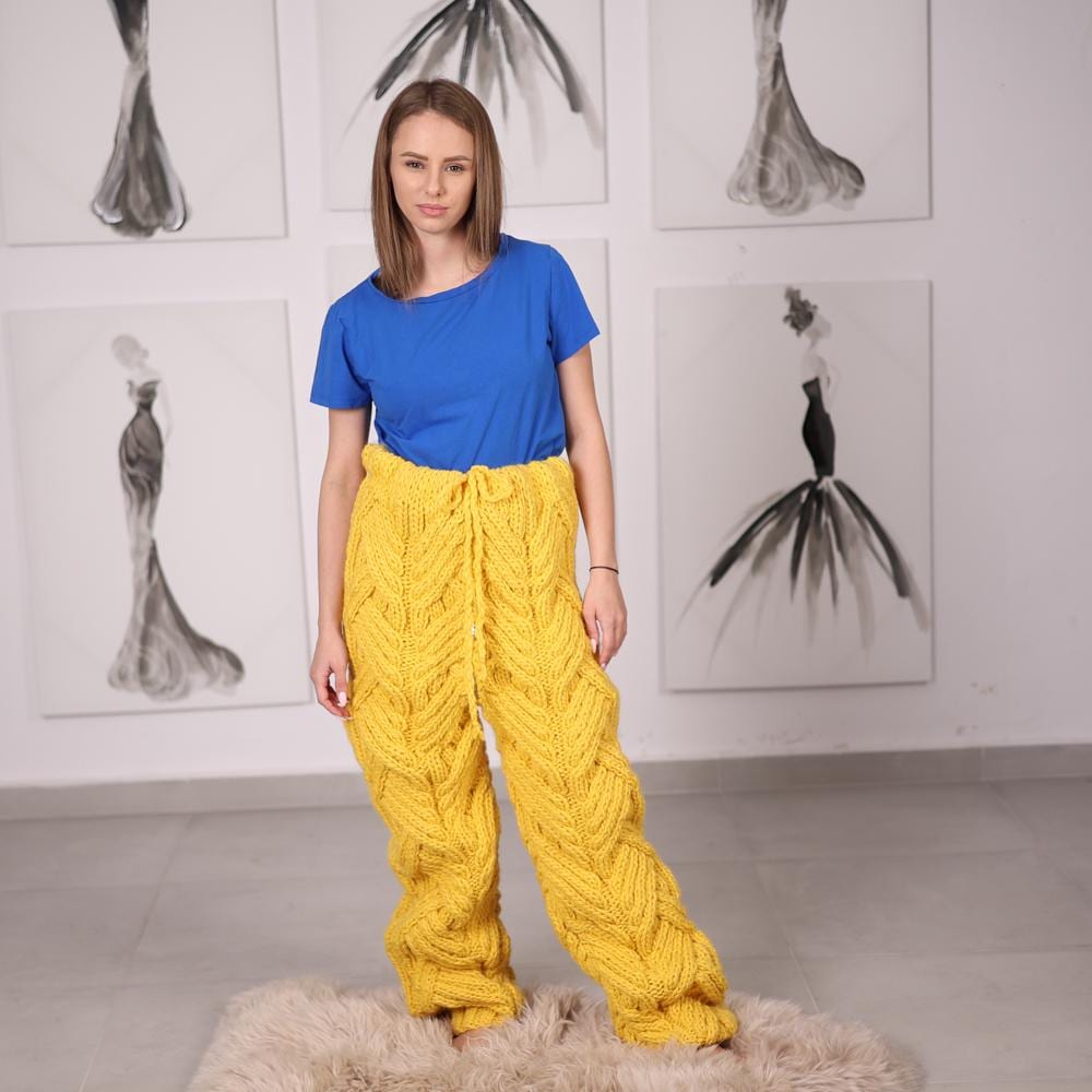 Yellow Wool Cable Knit Pants with Drawstring Waist and Functional Crotch Zipper T2056