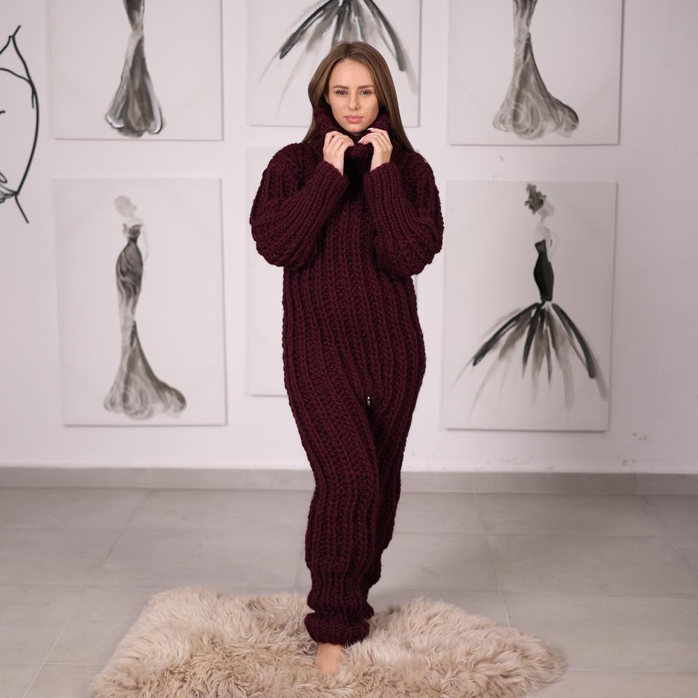English Rib Wool Catsuit with Zippered Crotch, Chunky Hand-Knit Full Body Overall T2058