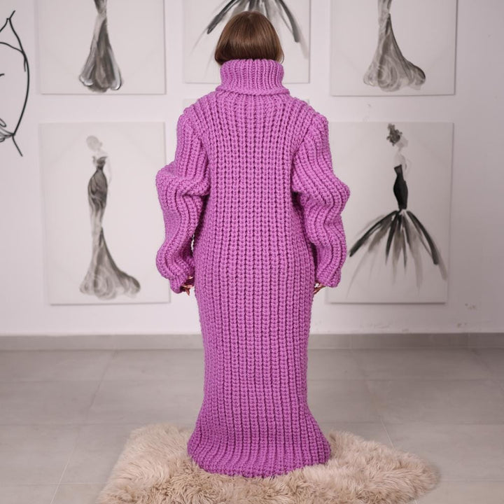 Long Wool English Rib Dress with Oversized Turtleneck, Chunky Hand-Knit Maxi T2059
