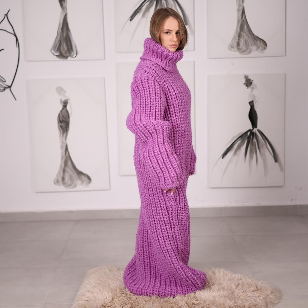 Long Wool English Rib Dress with Oversized Turtleneck, Chunky Hand-Knit Maxi T2059