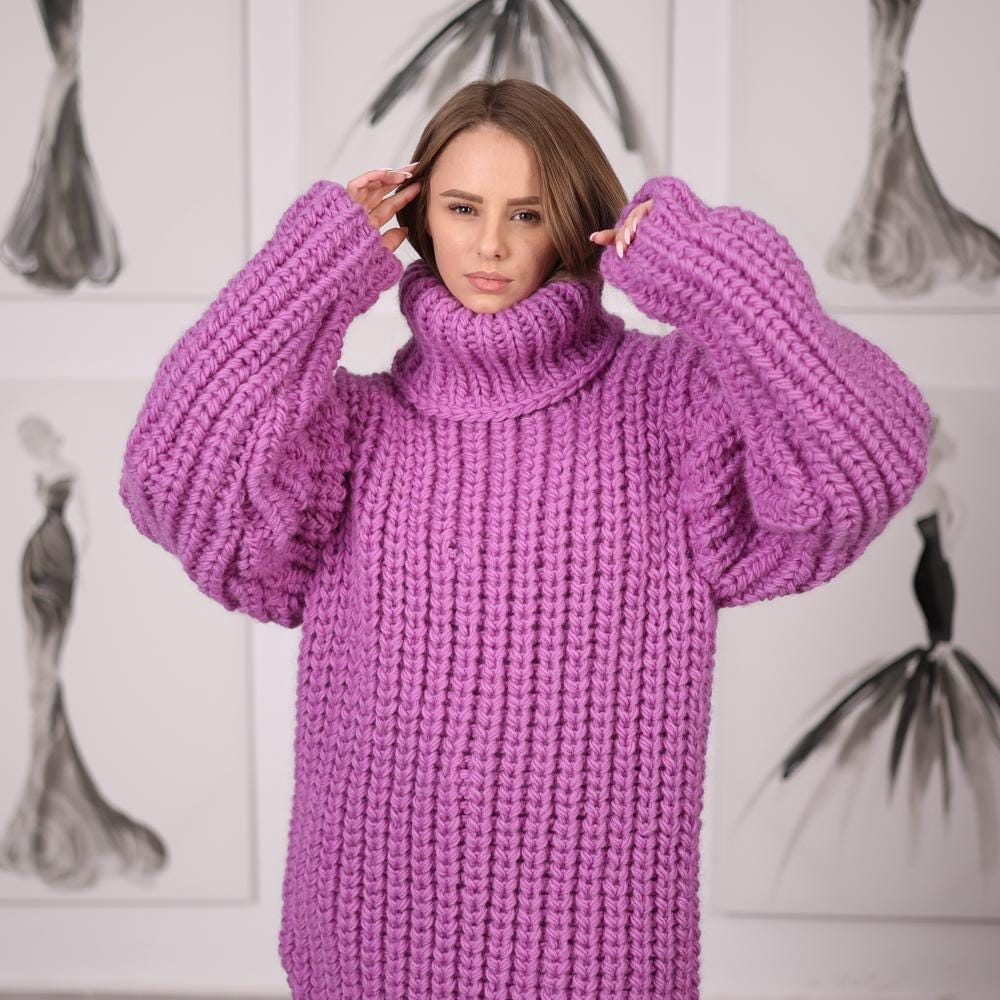 Long Wool English Rib Dress with Oversized Turtleneck, Chunky Hand-Knit Maxi T2059