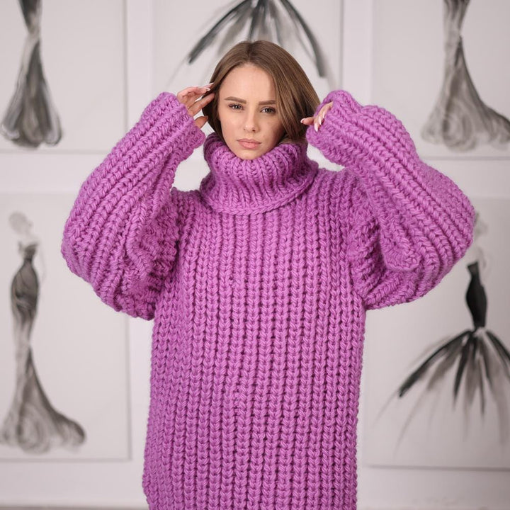 Long Wool English Rib Dress with Oversized Turtleneck, Chunky Hand-Knit Maxi T2059