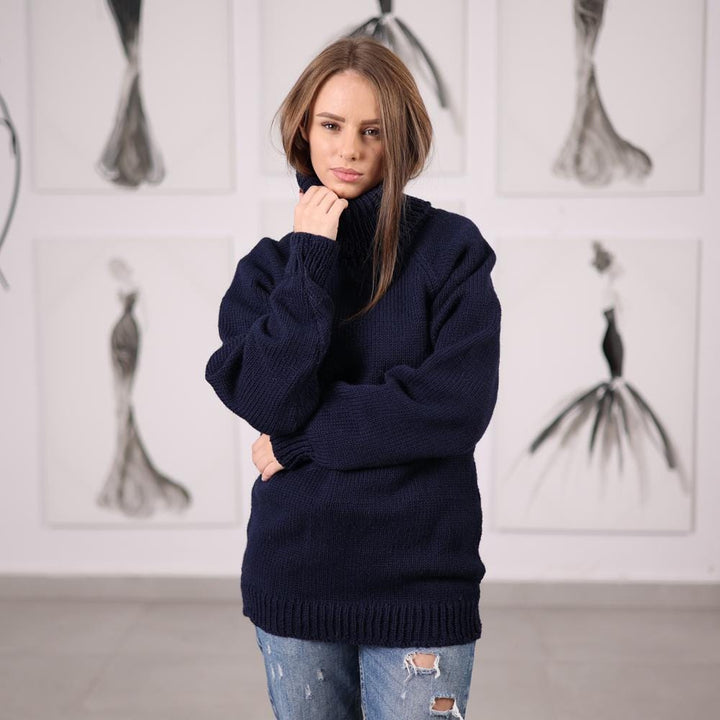 Blue Wool Turtleneck Sweater Handknitted Long-Sleeve Itchy Knit Pullover T2067