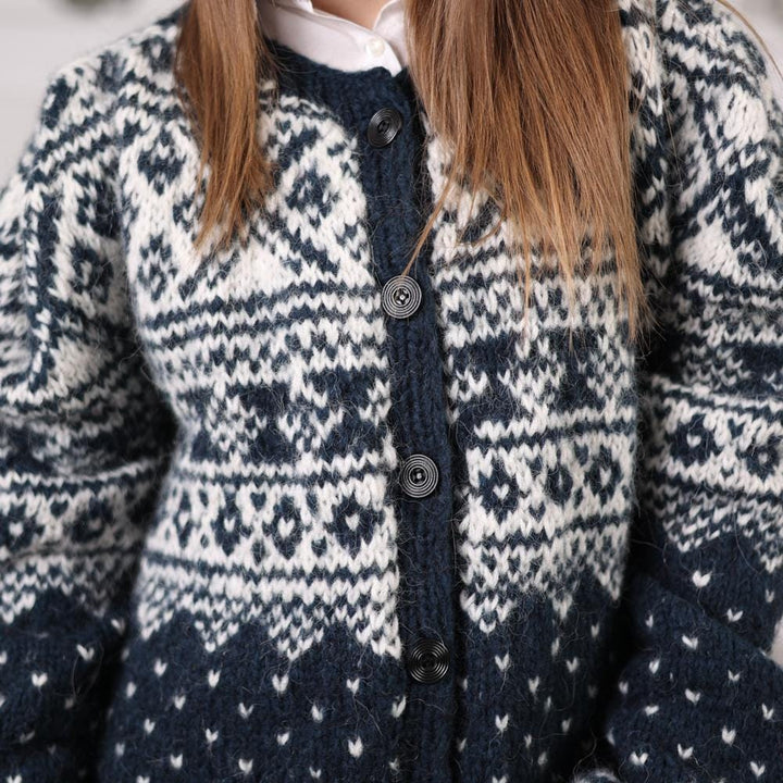 Norwegian Alpaca Cardigan Handknitted Patterned Button Front Knit Sweater T2069