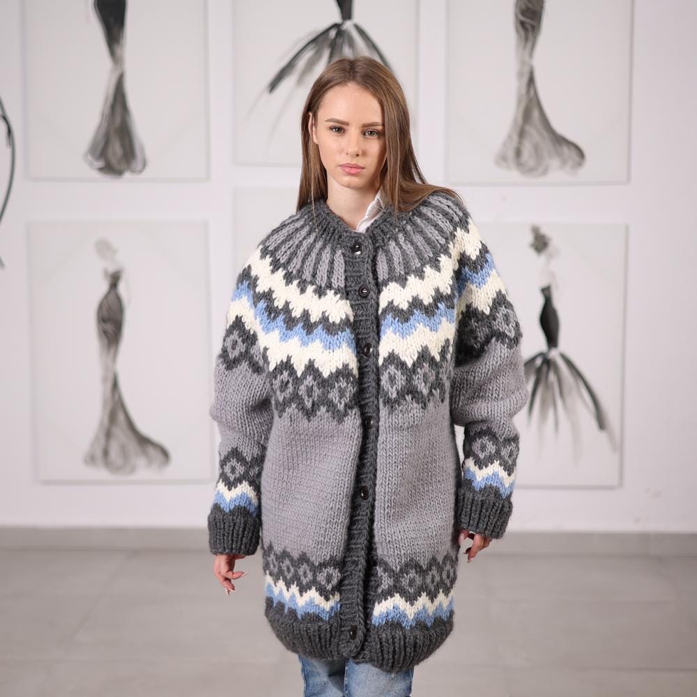 Wool Icelandic Pattern Cardigan Handknitted Long Button Front Knit Sweater T2070