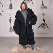 25-fädiger Mohair-Cardigan mit überdimensioniertem Kragen und Wabenstrickmantel T2073