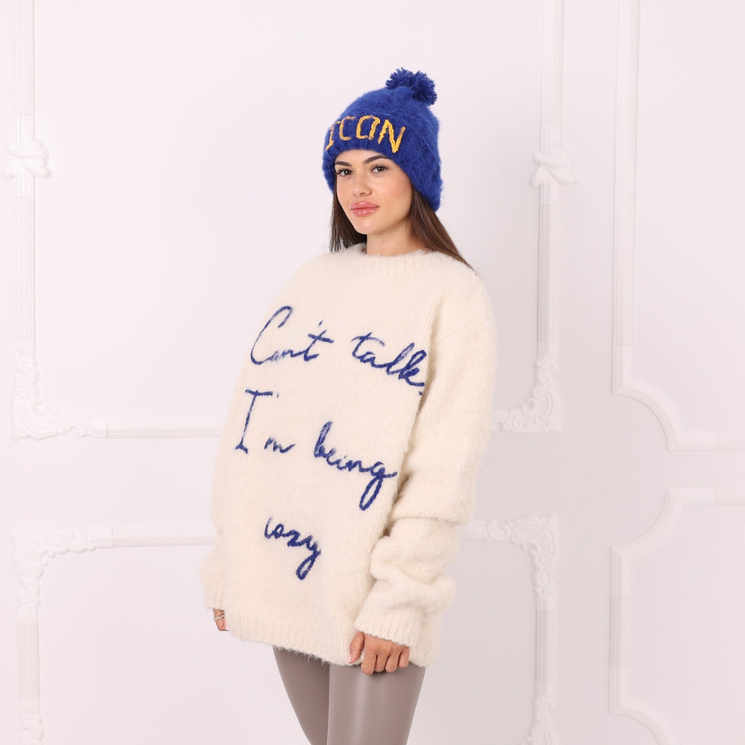 Oversized cream alpaca personalized sweater with embroidered phrase