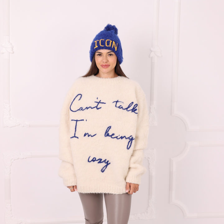 Cream alpaca custom text sweater hand knitted with blue embroidery