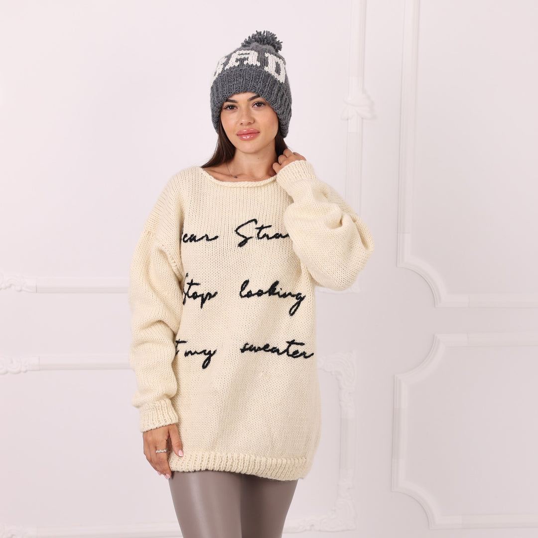 Hand knitted cream wool personalized sweater with custom black lettering