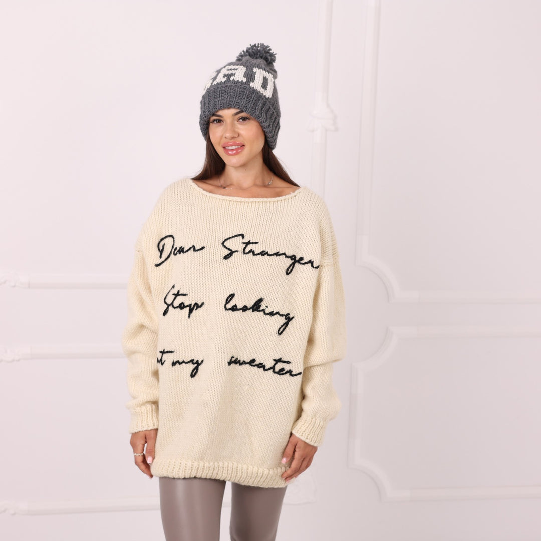 Oversized 100 percent wool personalized sweater with embroidered phrase