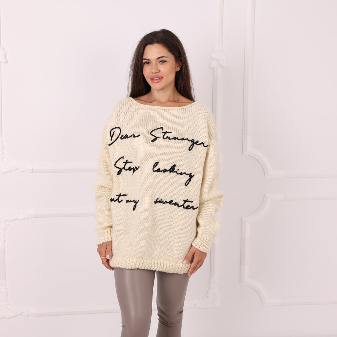 Personalized 100 percent wool sweater with Dear Stranger phrase