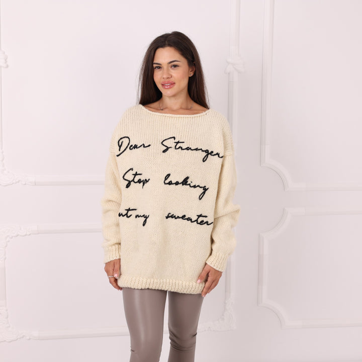 Personalized 100 percent wool sweater with Dear Stranger phrase