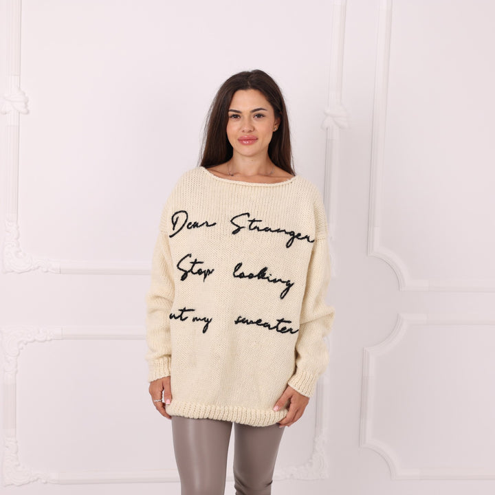 Cream wool custom text pullover hand knitted by Tiffy Mohair