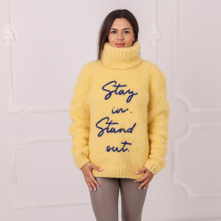 Custom embroidered yellow fluffy alpaca turtleneck sweater