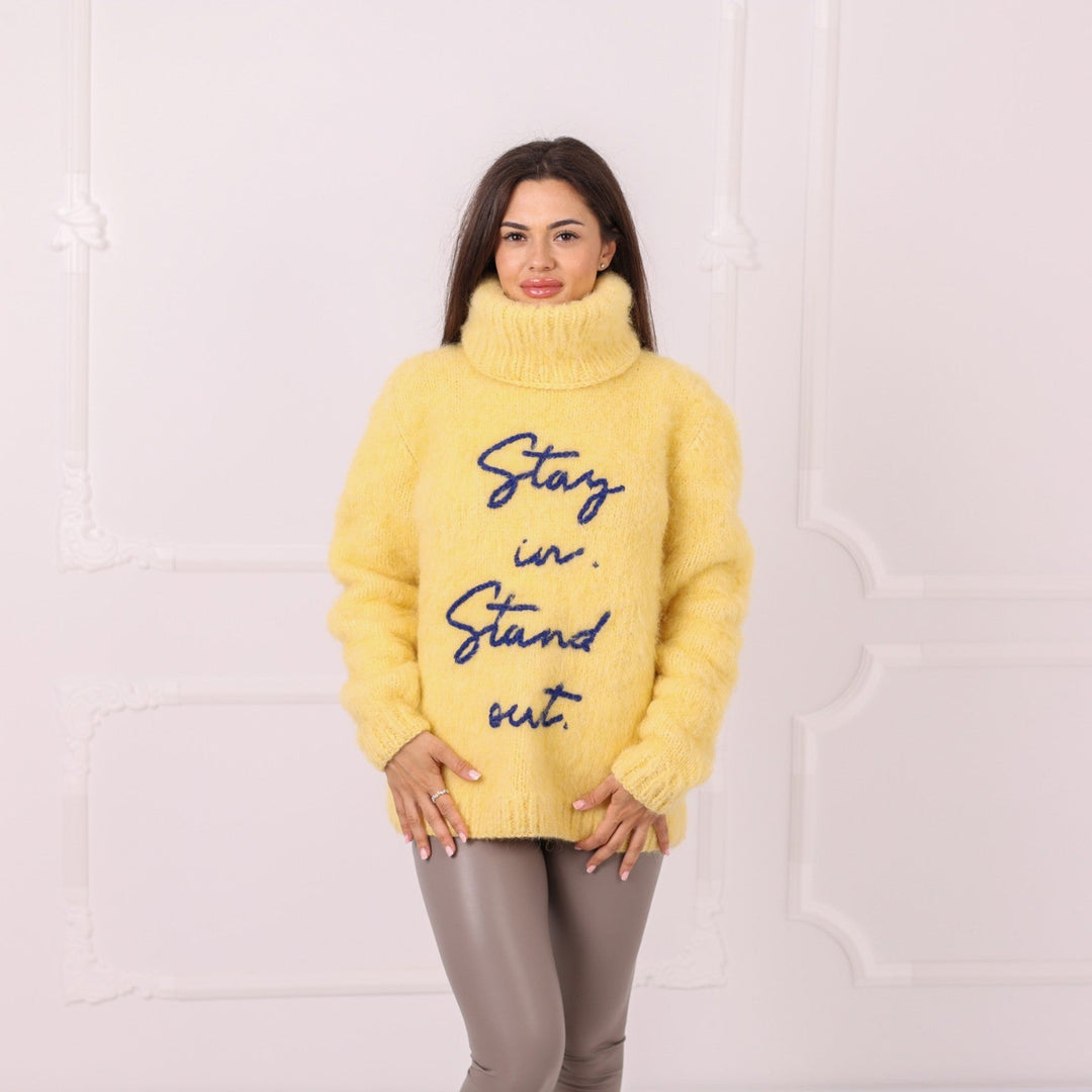 Yellow alpaca custom text sweater hand knitted by Tiffy Mohair