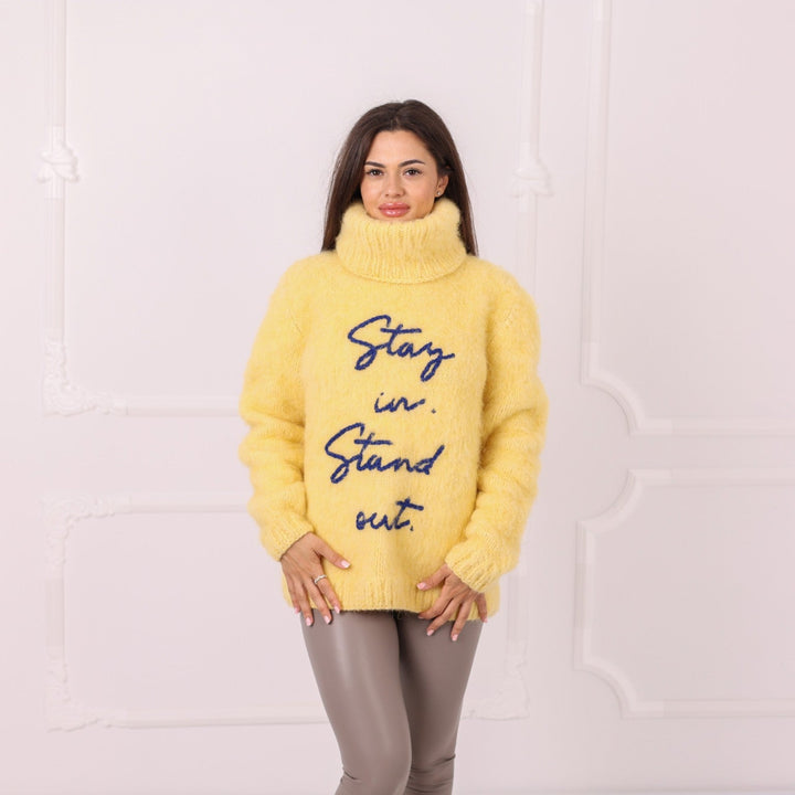Yellow alpaca custom text sweater hand knitted by Tiffy Mohair