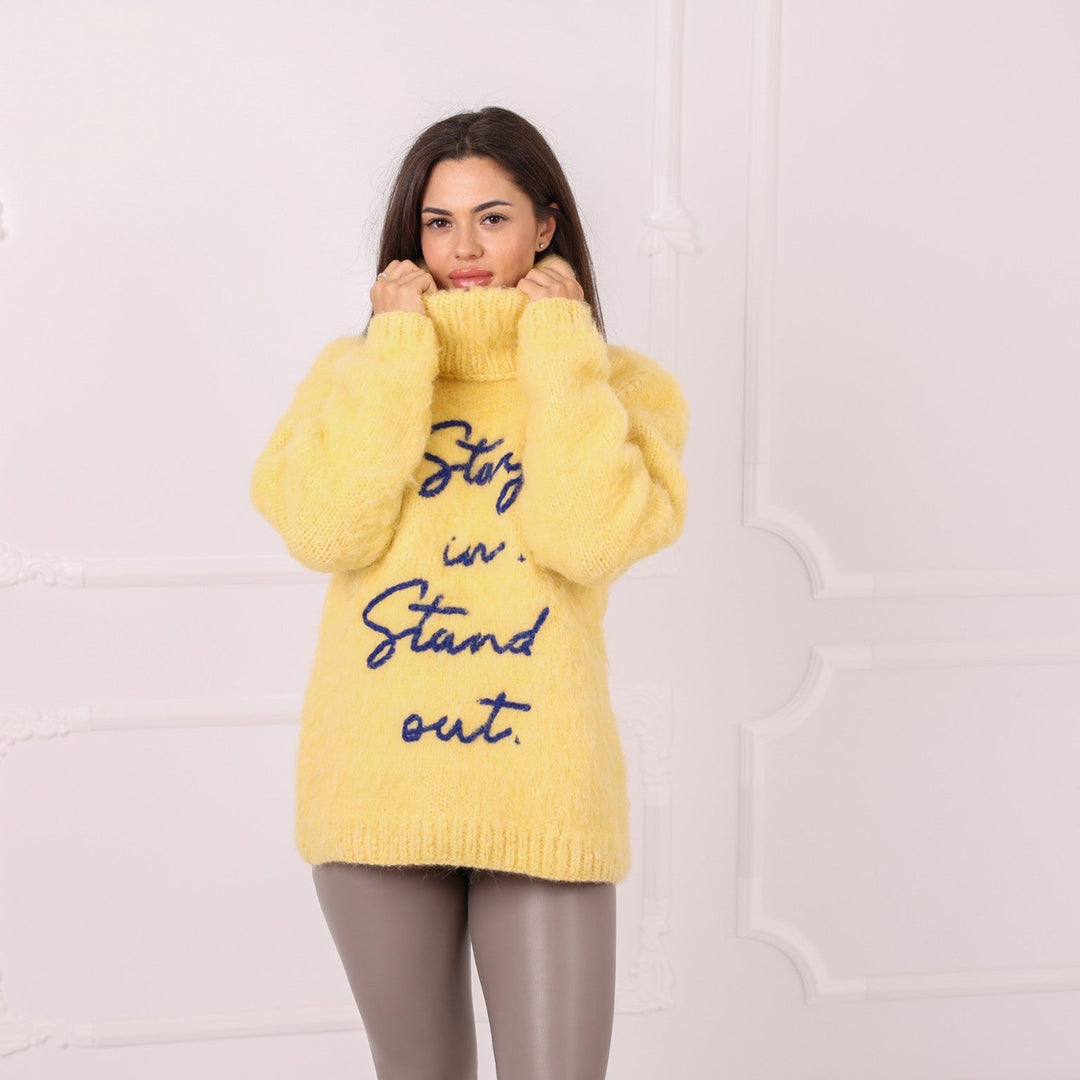 Cozy yellow alpaca turtleneck sweater with custom front text